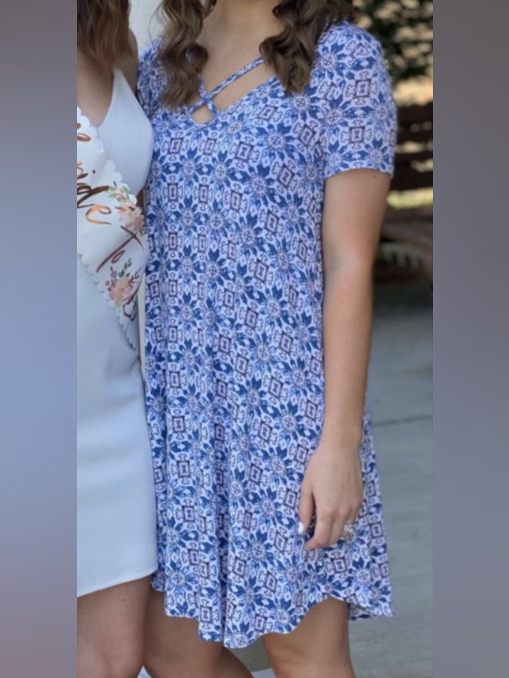 Wet Seal Blue & White Patterned Short Sleeve Dress - Criss Cross V Neck